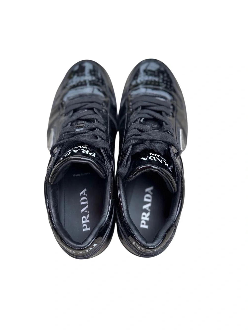 Prada Black Patent Leather Low-Top Sneakers with Logo Plaque